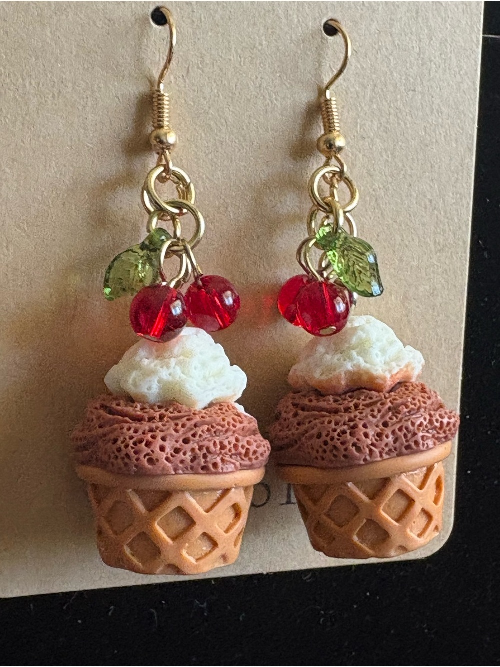 Dangle chocolate cone Ice Cream Frozen Yogurt with cherry’s Earrings